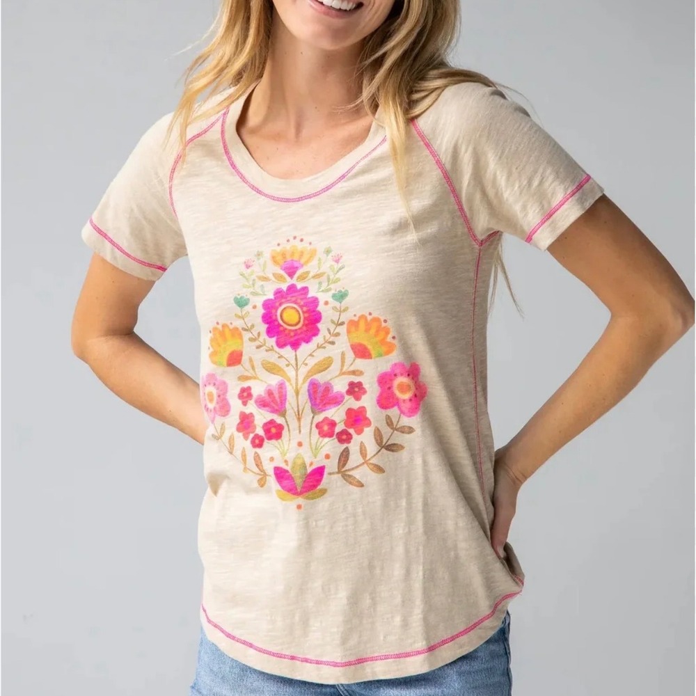 Natural Life Boho Cotton Tee Shirt in Cream Folk Flower SZ M Comfy Casual Floral